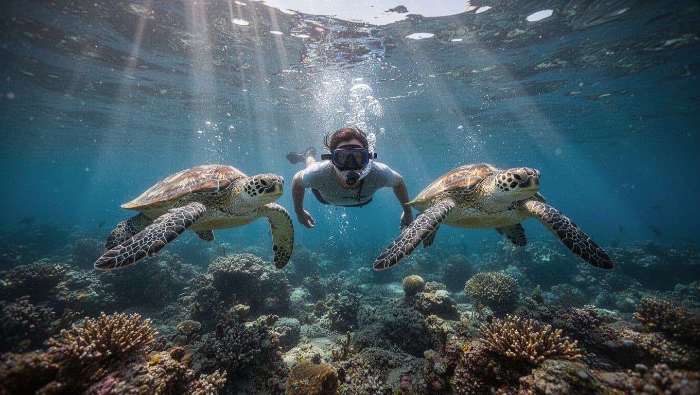 Snorkeler swimming in crystal-clear water near two Hawaiian green sea turtles at a vibrant coral reef, sunlight rays piercing the surface, cinematic underwater scene with bubbles and dramatic blue lighting.