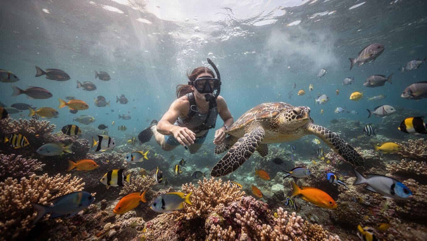Snorkeler underwater in clear Honolulu reef waters on a cloudy day, spotting a Hawaiian green sea turtle amid colorful tropical fish and vibrant corals with ethereal lighting.