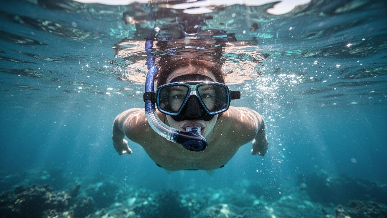 A snorkeler explores a vibrant reef as bright sunbeams penetrate the crystal blue depths. The focus remains on the diver's mask and breathing tube while shimmering light reflects across the surface.