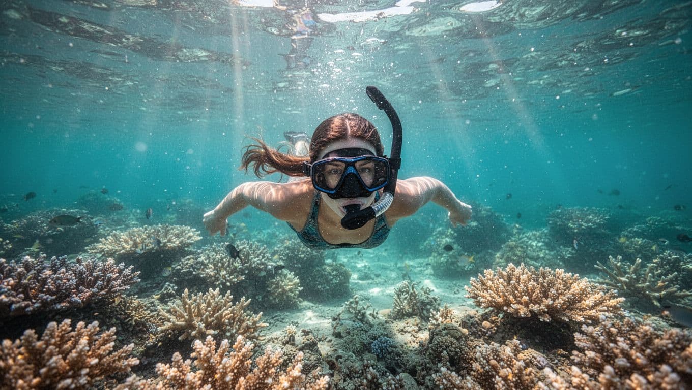 A snorkeler glides through vibrant blue water, their hair neatly secured beneath a mask strap. Sunlight pierces the ocean surface, illuminating the colorful coral formations thriving on the seafloor below them.