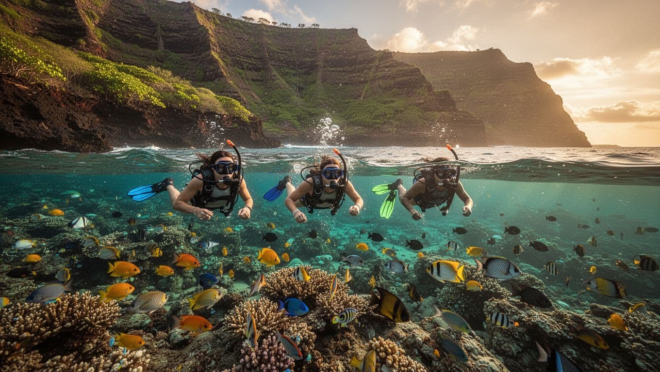 Three snorkelers explore vibrant coral reefs and schools of tropical fish in the crystal-clear turquoise waters of Kealakekua Bay on Hawaii's Big Island, framed by dramatic volcanic cliffs and lush greenery under golden hour lighting.