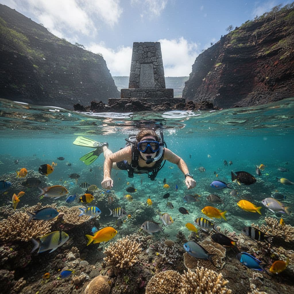 A snorkeler floats above a vibrant coral reef near the Captain Cook monument in Kealakekua Bay.