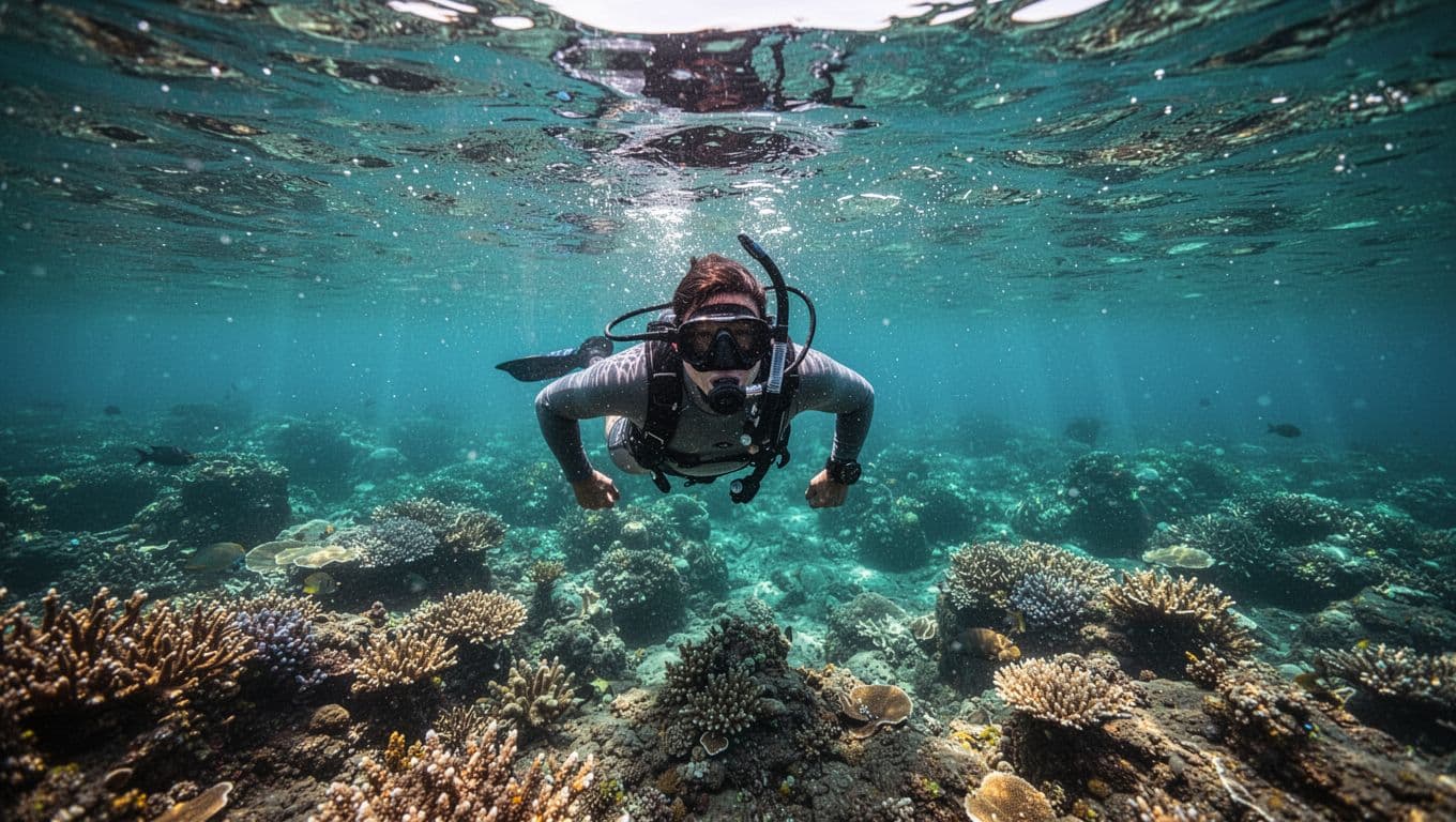 A submerged snorkeler drifts over a vibrant coral reef in the transparent waters of Kealakekua Bay. Sunlight filters through the surface, highlighting tropical fish and colorful underwater marine structures below.