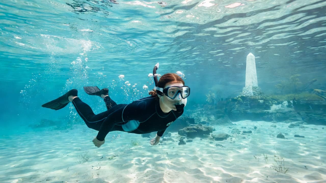 A snorkeler glides through crystal clear turquoise water while the iconic Captain Cook Monument stands tall on the rugged, rocky coastline in the background under bright, vivid sunlight.