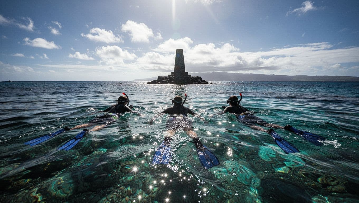 Three snorkelers float in crystal clear turquoise water while the iconic white Captain Cook monument stands prominently against the lush green cliffs in the distant background under bright tropical sunlight.