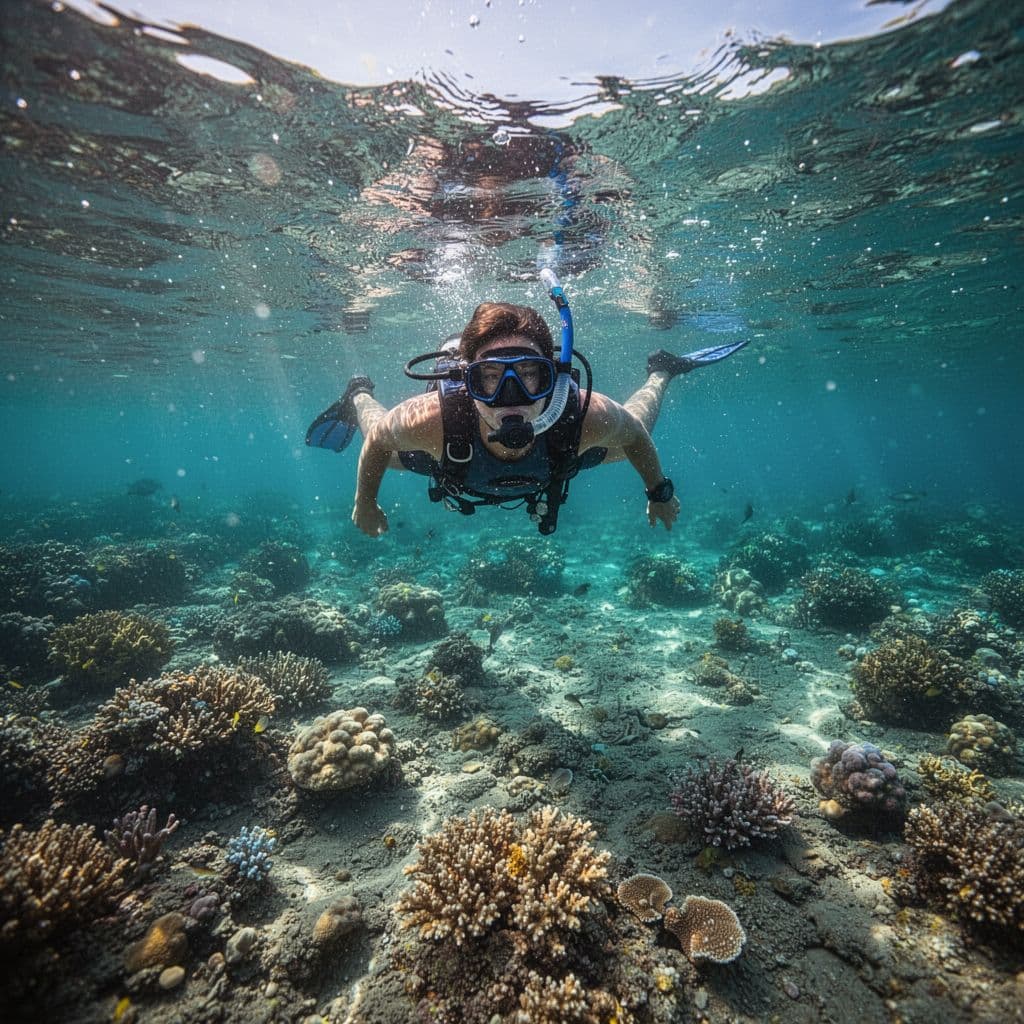 A lone snorkeler floats on the surface of vibrant cyan water, peering down at a colorful coral reef. Intense sunlight pierces through the clear waves, creating high-contrast patterns and depth.