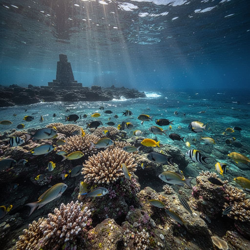 Sunlight filters through sparkling cyan water onto vibrant coral reefs teeming with colorful tropical fish. In the distance, the rugged volcanic shoreline features the historic Captain Cook monument under dramatic sky light.