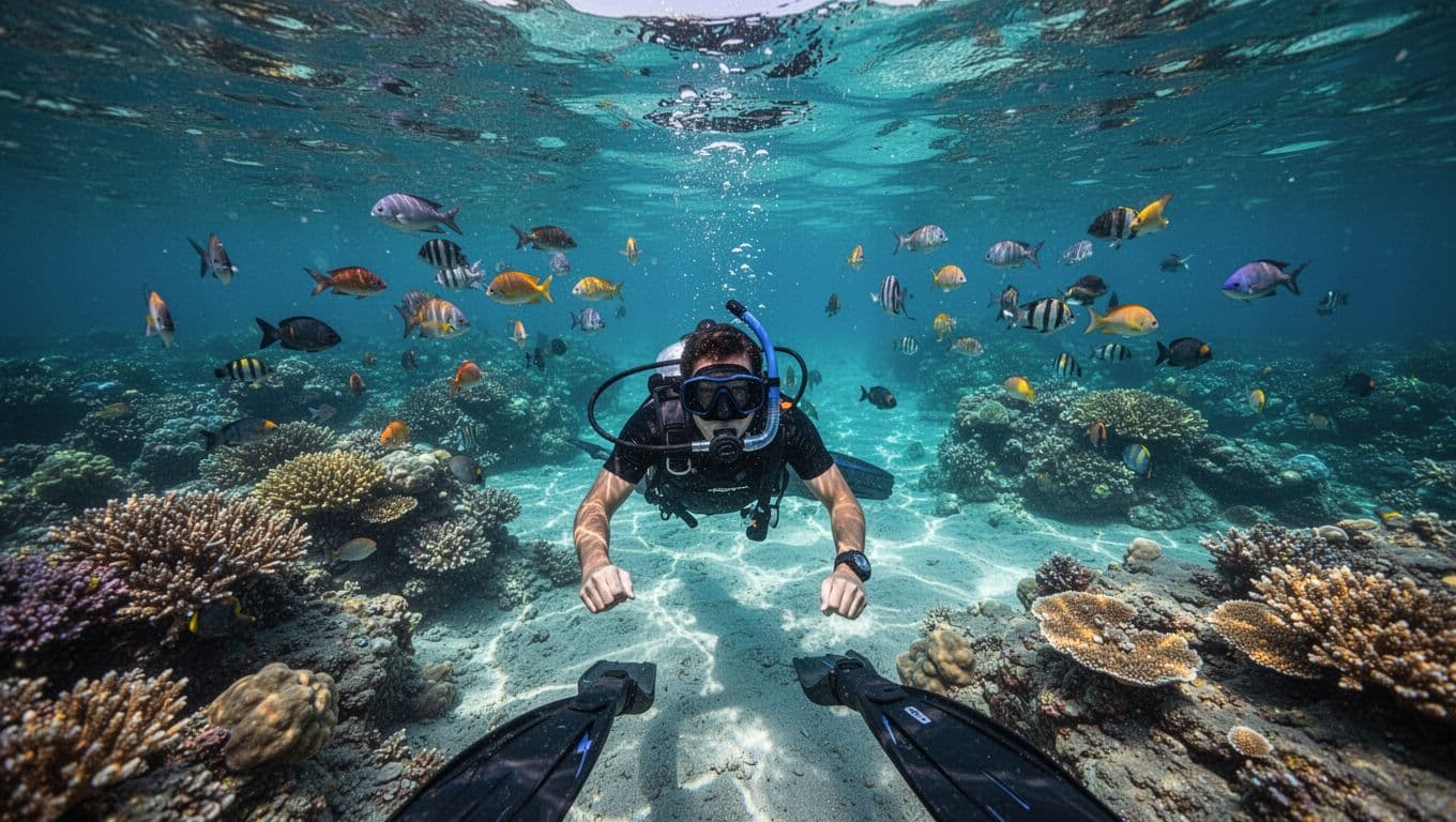 A vibrant coral reef flourishes beneath the calm, crystal-clear turquoise waters of a tropical bay. Small, colorful fish swim between intricate coral structures under bright, cinematic sunlight piercing the shallow surface.