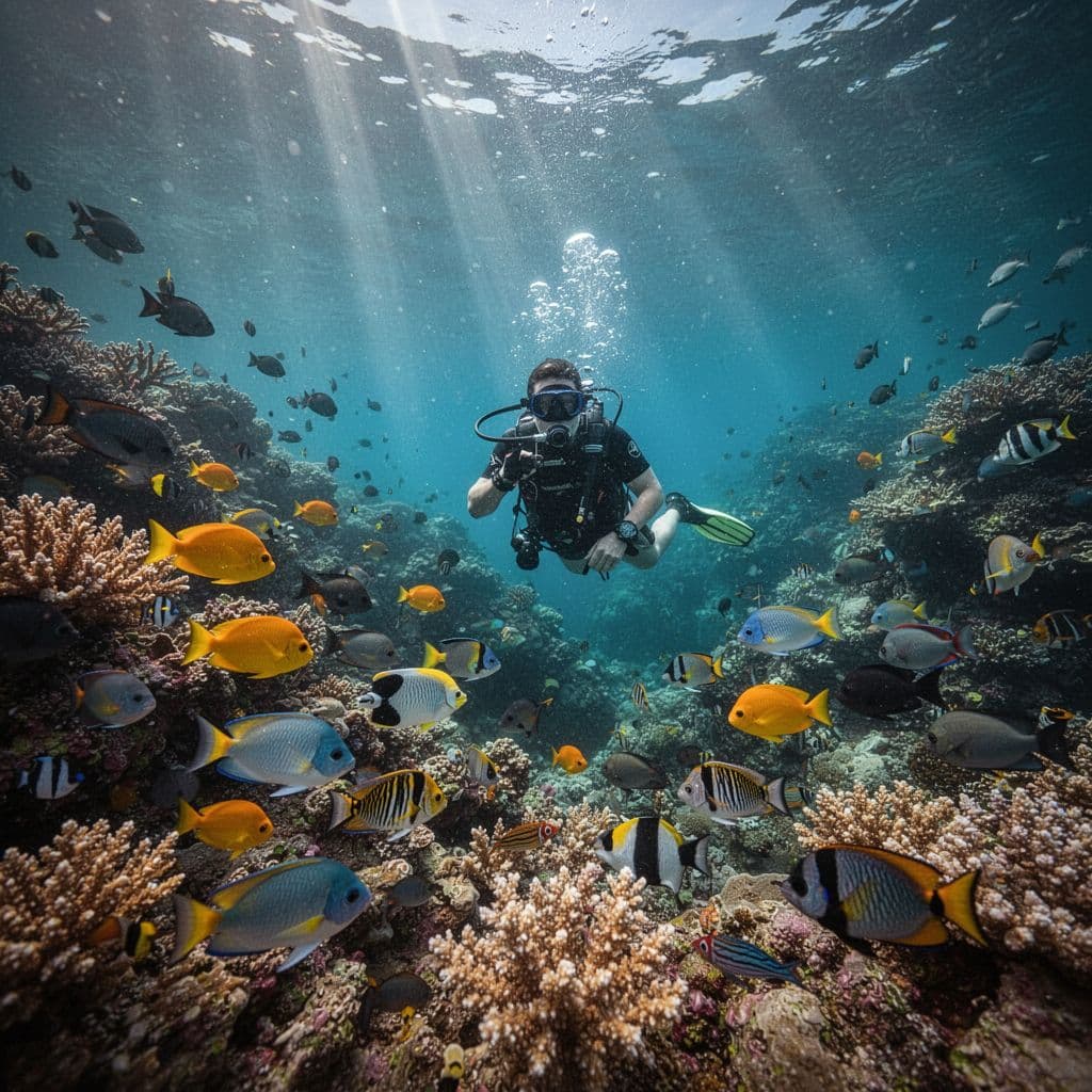 A single snorkeler explores the crystal clear waters of Kealakekua Bay, surrounded by intricate coral formations and schools of vibrant tropical fish illuminated by dramatic shafts of bright sunlight.