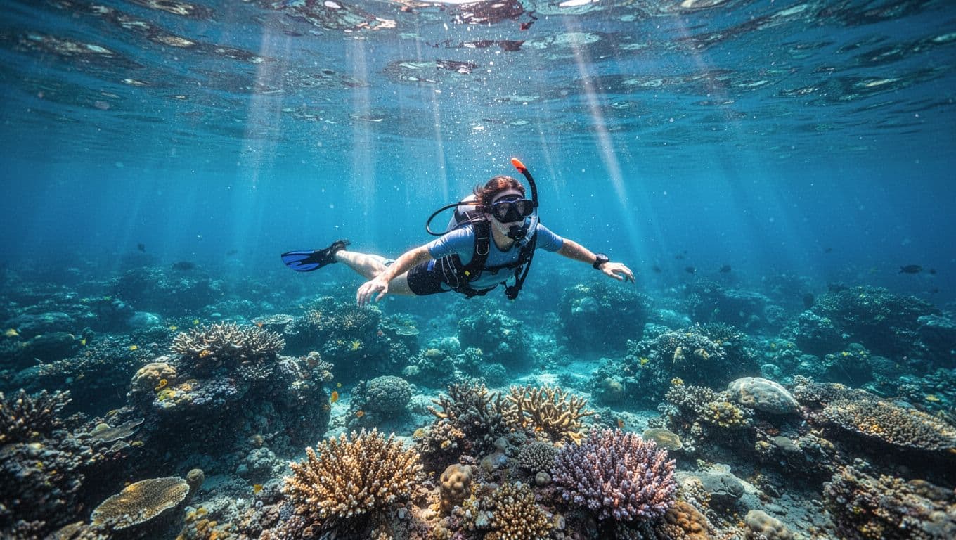A snorkeler drifts through brilliant azure water above a diverse coral reef. Golden sunbeams pierce the surface, casting shimmering light patterns across the vibrant underwater landscape in this cinematic tropical scene.