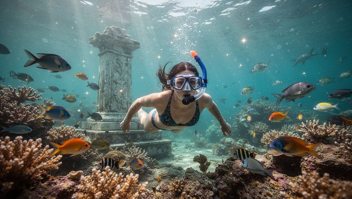 A snorkeler wearing a black mask drifts above a vibrant coral reef in clear turquoise water. Sunlight filters from above, illuminating colorful marine life and jagged coral formations at Captain Cook.