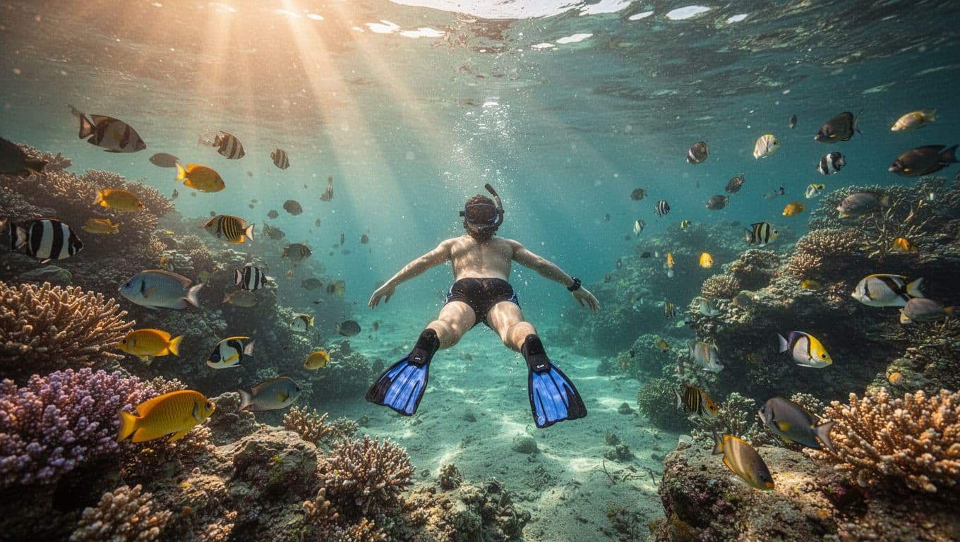 Snorkeler floating face down in crystal-clear turquoise water of Kealakekua Bay, surrounded by vibrant tropical fish and healthy coral reef with dramatic underwater sunlight rays.
