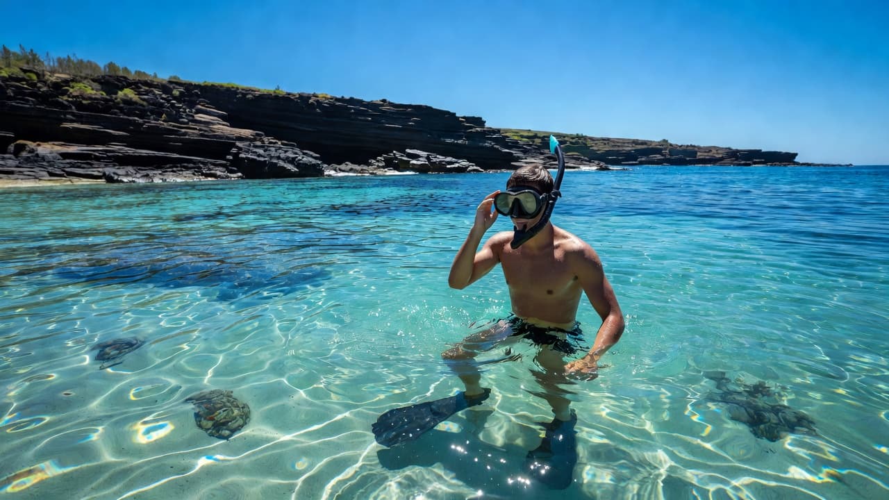 A person equipped with high-quality snorkeling gear prepares to enter the vibrant turquoise waters of Hawaii. Behind them, a rugged volcanic coastline stretches under a bright and sunny tropical sky.