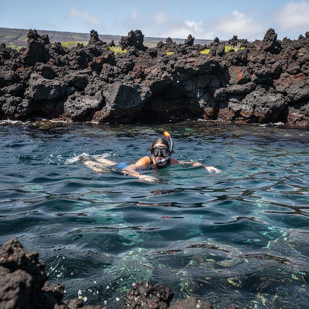 A person snorkels peacefully in clear blue water beside a jagged black lava rock coastline.