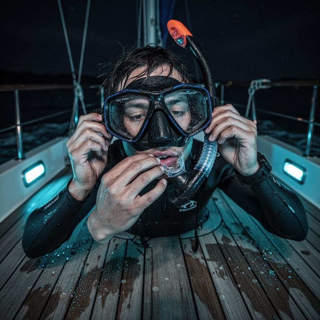 A person tightens their snorkeling mask strap while preparing on a boat deck under blue night lighting.