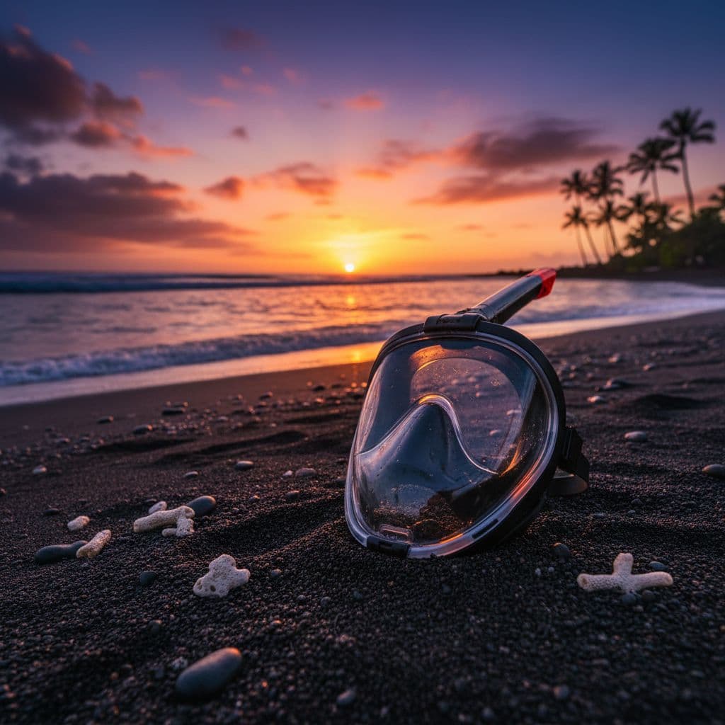 A snorkeling mask sits on black volcanic sand during a vibrant sunset.