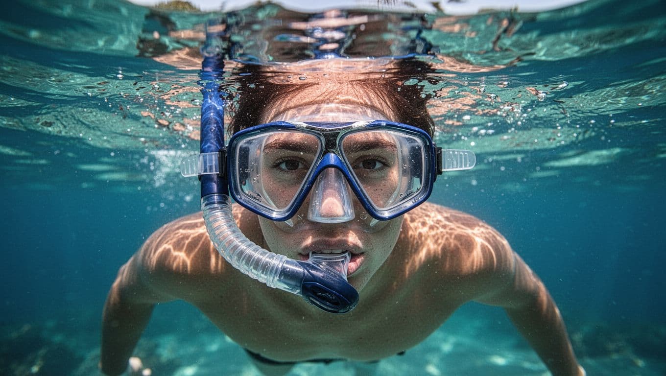A swimmer glides through vibrant turquoise water while wearing a secure silicone mask. Sunlight filters from above, creating shimmering rays that highlight the tight seal against the person's skin.