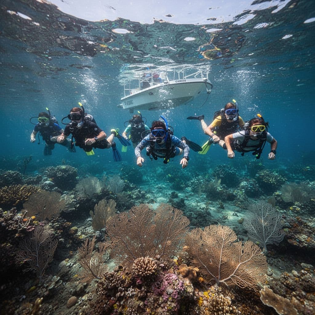 Several snorkelers float in the transparent turquoise water off the Oahu coast. Vibrant coral reefs teeming with life are visible beneath the surface under bright, direct tropical sunlight and clear skies.