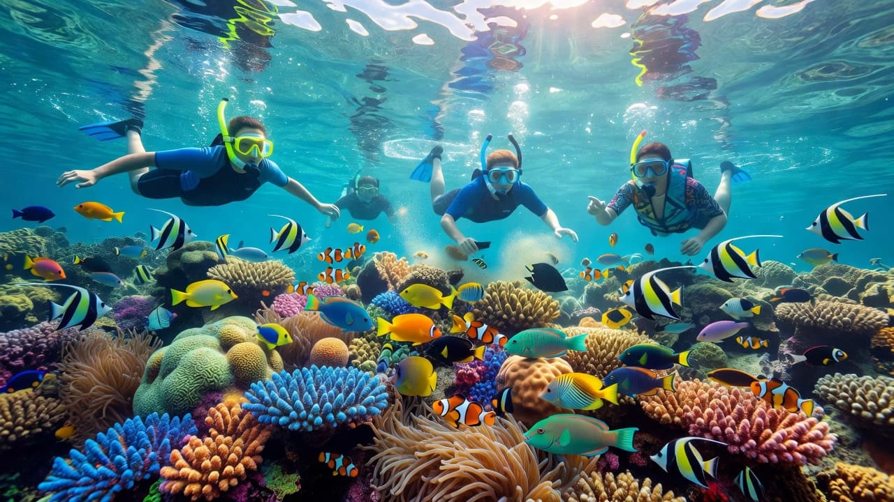 Sunlit swimmers glide through crystal clear tropical water surrounded by vibrant coral formations and schools of colorful fish. Rays of natural light illuminate the sandy ocean floor in this deep underwater scene.