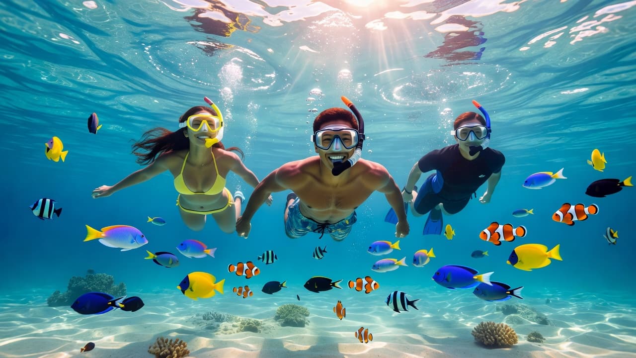 Three people swim through crystalline blue Hawaiian water, surrounded by vibrant schools of tropical fish. Golden sun rays penetrate the surface, illuminating the coral reef and the swimmers beneath the waves.