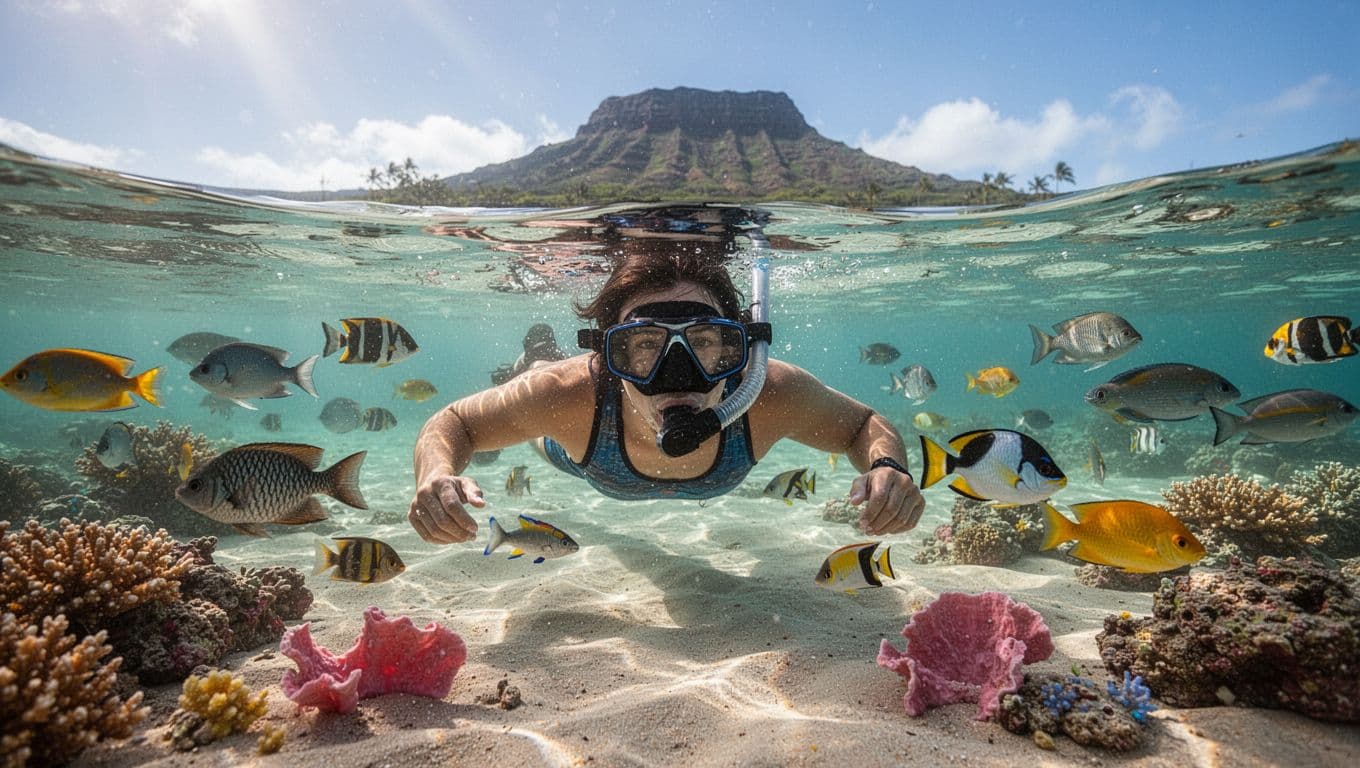Snorkeler floats face down in shallow clear turquoise water at Queens Beach, Waikiki, viewing colorful tropical fish around vibrant coral reef fragments, with distant Diamond Head crater under sunny sky.