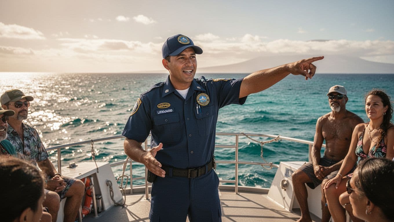 A certified lifeguard wearing a crisp blue uniform stands on a boat deck in Kona, gesturing toward the Pacific Ocean while providing essential safety instructions to a group of snorkelers.