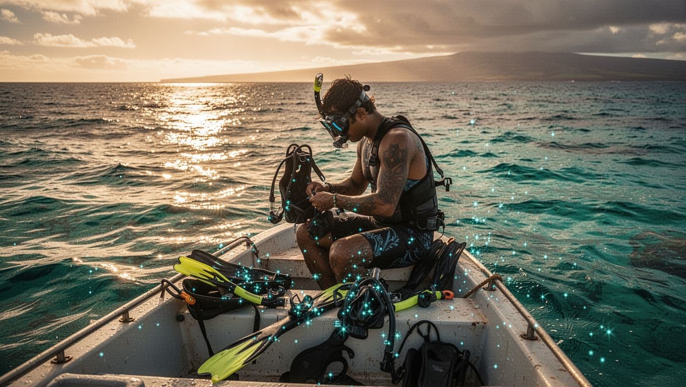 A traveler sits on a boat deck in Kona, Hawaii, checking a snorkel mask and flippers. Bright turquoise ocean water sparkles in the background under the warm tropical morning sunlight.