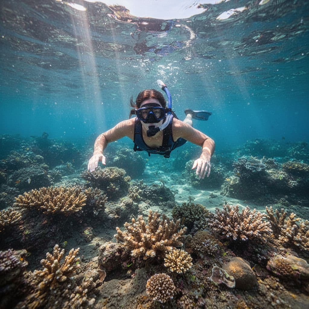 Sunlight rays pierce through vibrant turquoise waves above a lush, multi-colored coral reef ecosystem. Tropical fish swim near intricate coral structures beneath the clear, illuminated ocean surface near the island shore.