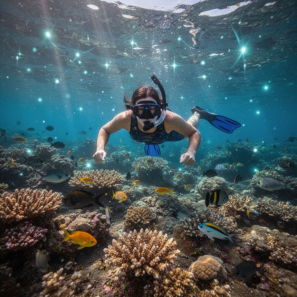 A lone snorkeler floats above a colorful coral formation in translucent turquoise water. Bright sunlight pierces the surface, creating shimmering light beams that illuminate the jagged reef structures below the swimmer.