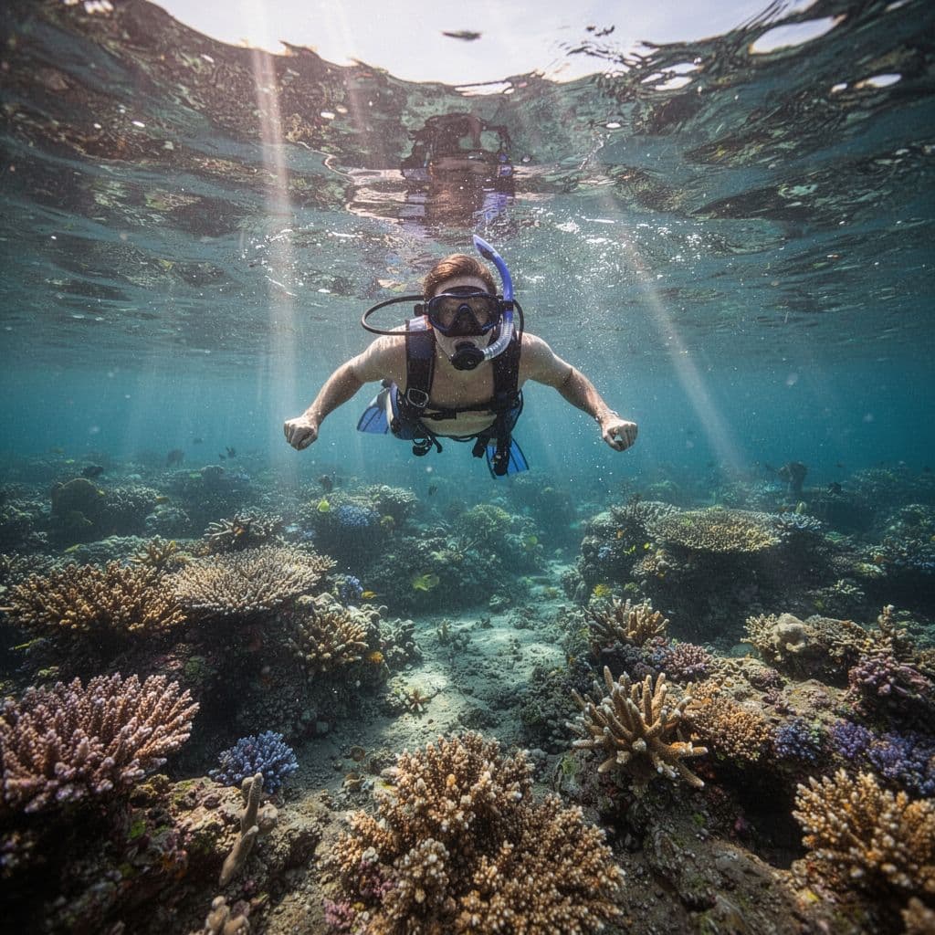 A snorkeler swims near the surface of vibrant turquoise water, looking down at a complex coral reef ecosystem. Golden light beams pierce through the waves, illuminating the diverse underwater sea life.