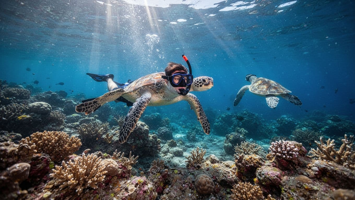 A lone snorkeler explores vibrant coral formations beneath the crystal clear blue water of a tropical reef. A sea turtle glides gracefully through the distant sapphire depths under bright sunlight.