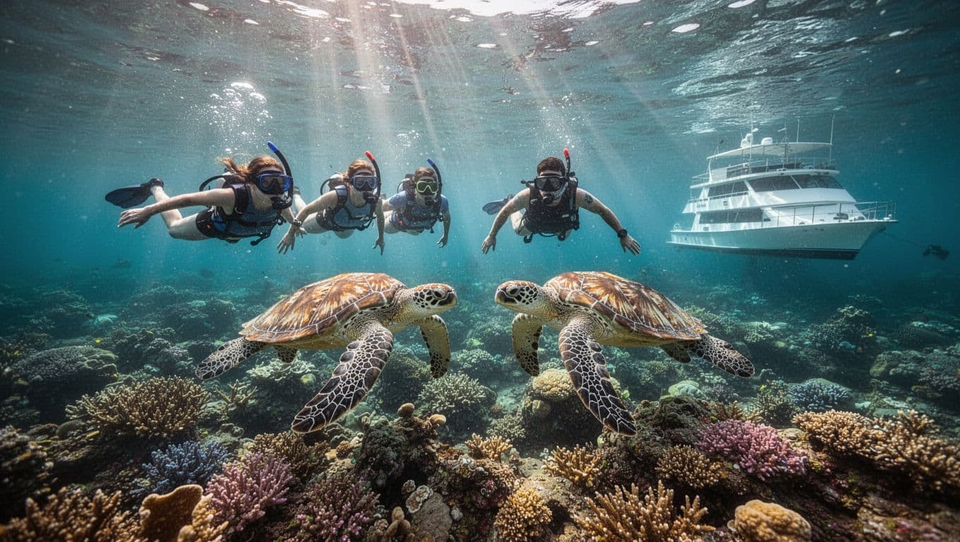 Four snorkelers swim near two Hawaiian green sea turtles in clear turquoise water at Turtle Canyon reef off Waikiki, with coral reefs below, sunlight rays piercing the surface, and a double-decker boat anchored nearby.
