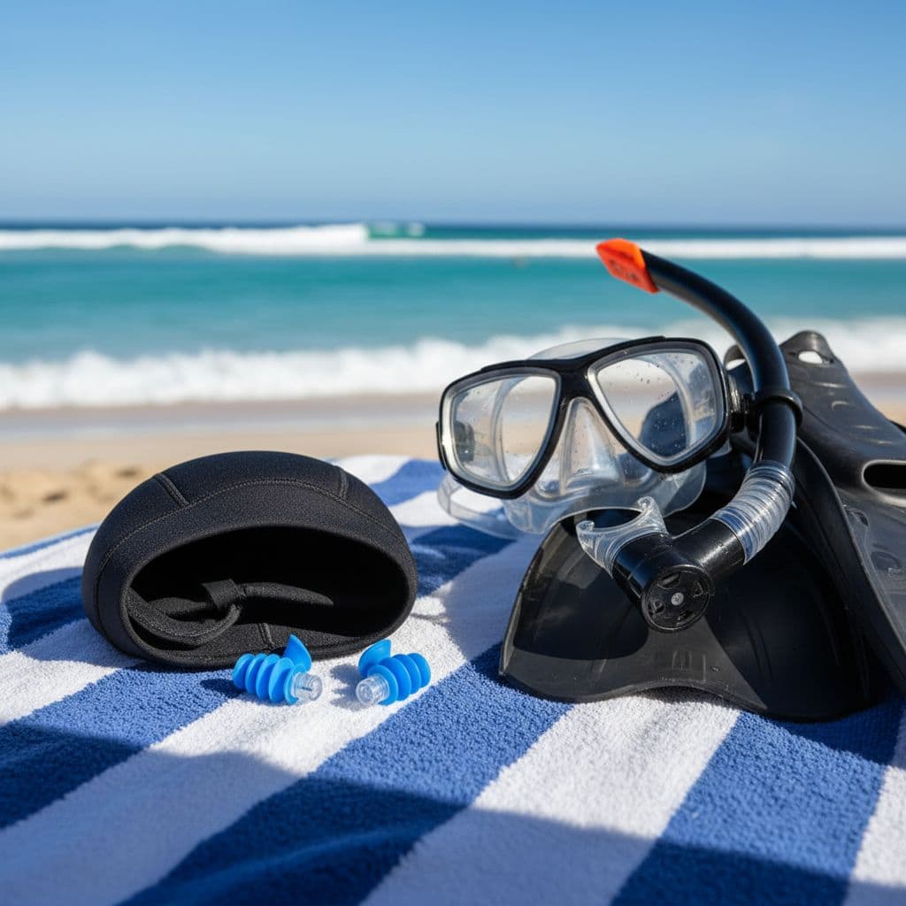 Close-up of snorkeling gear featuring vented ear plugs and neoprene hood on a sunny Oahu beach towel, next to mask and fins, with ocean waves in the background. High detail captured in natural daylight, no people, text, logos, or watermarks.