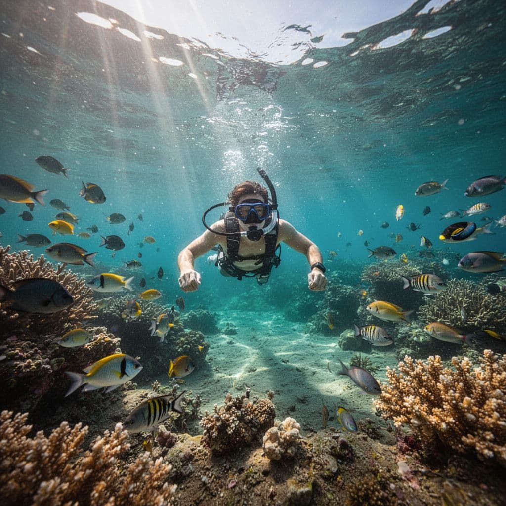 A person snorkels near a bright coral reef as sunlight filters through the turquoise water.