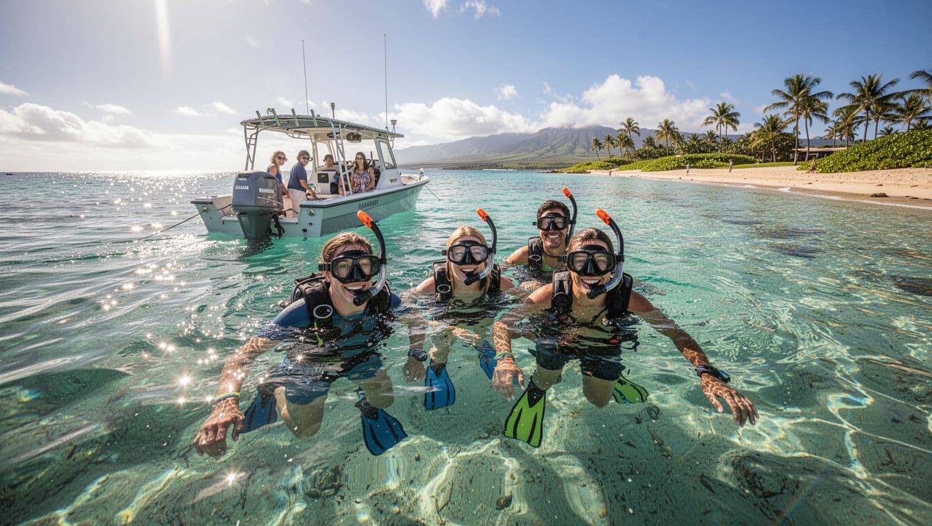 Cheerful travelers wearing masks and fins float in the vibrant turquoise water near a moored boat. The distant Waikiki coastline is visible under a clear, bright blue sky during the excursion.