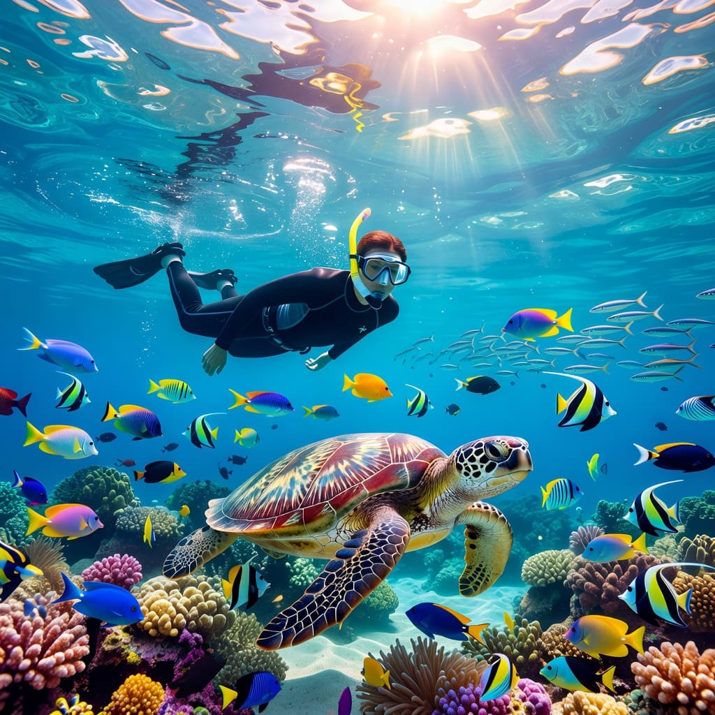 A snorkeler swims through vibrant turquoise water near a Hawaiian reef, surrounded by schools of tropical fish and a sea turtle. Sunbeams pierce the surface, illuminating the colorful underwater coral landscape.