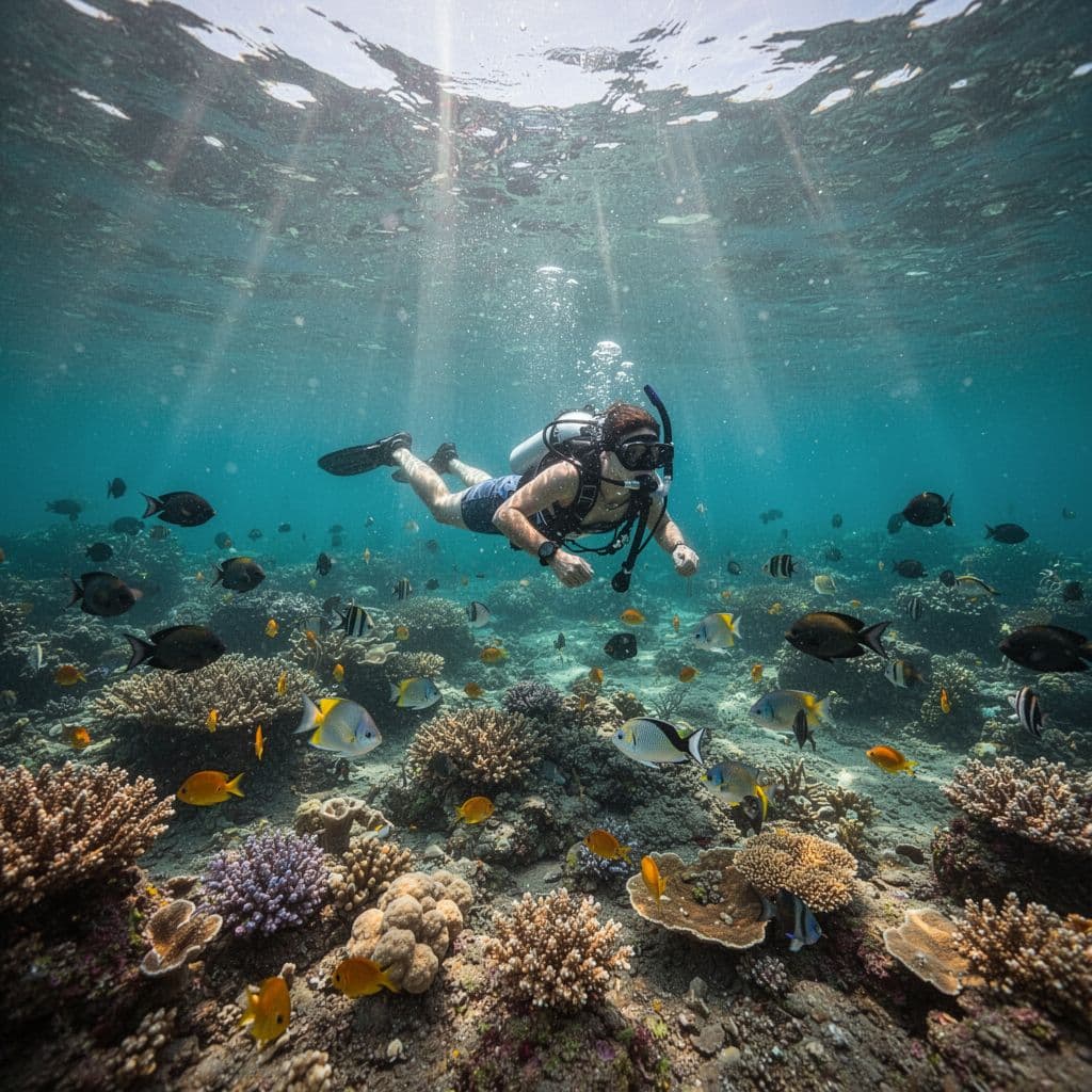 A snorkeler explores a vibrant coral reef beneath sun-dappled turquoise water in Hawaii.