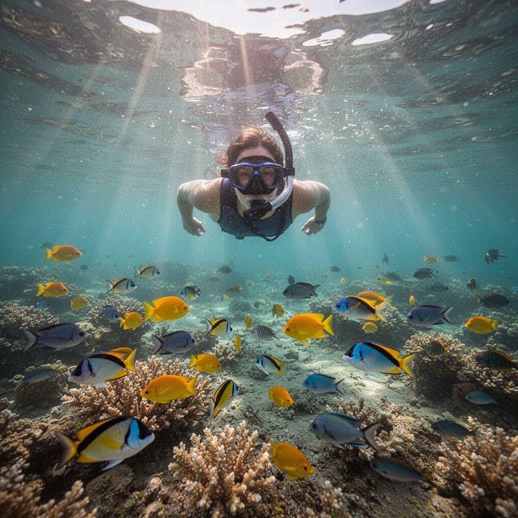 A person floats in shallow turquoise water observing a vibrant coral reef filled with tropical fish.