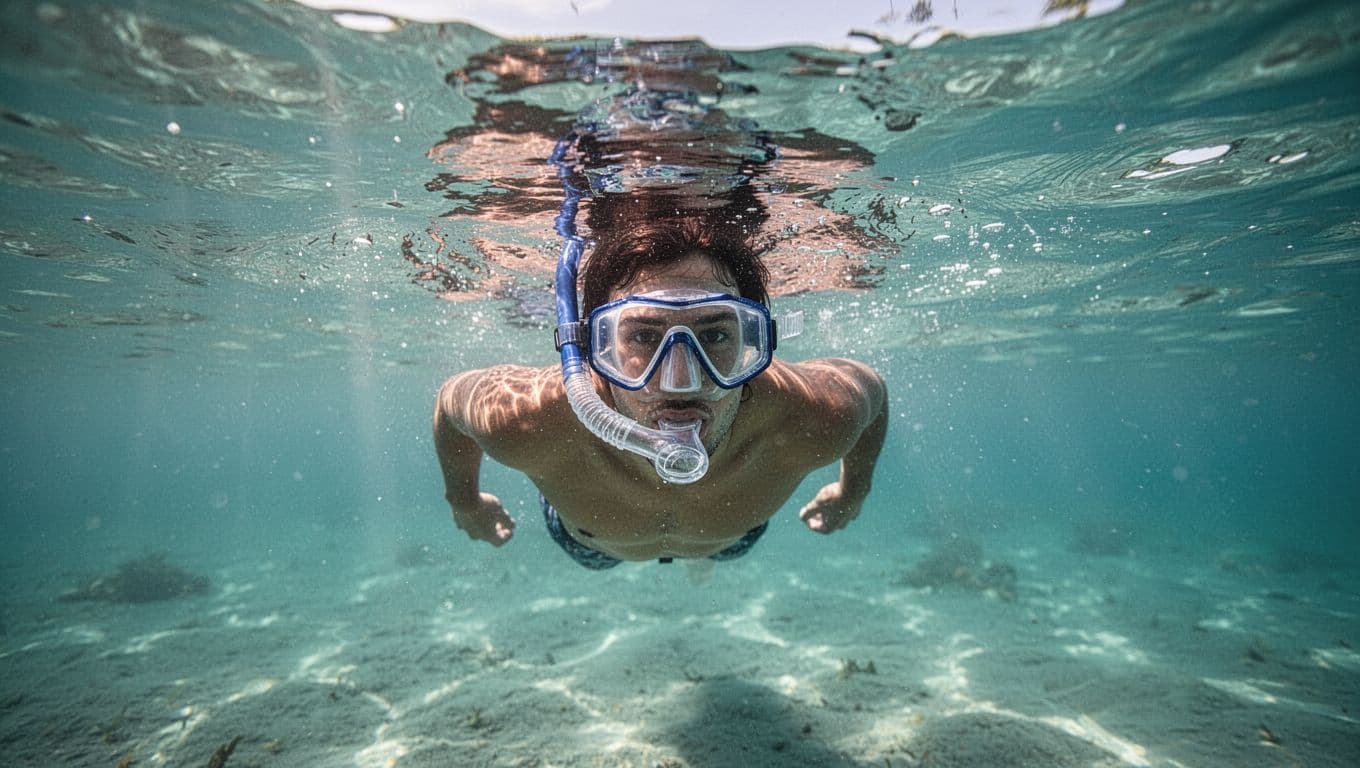 A person wearing a silicone snorkel mask glides through bright blue tropical water. Sunlight filters from the surface above, illuminating the swimmer as they maintain a secure, comfortable bite on the mouthpiece.