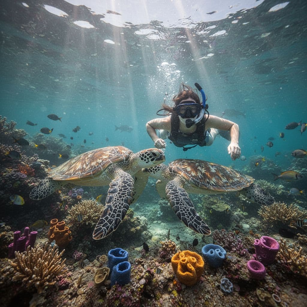 A snorkeler swims near a green sea turtle above a vibrant coral reef in clear blue water.