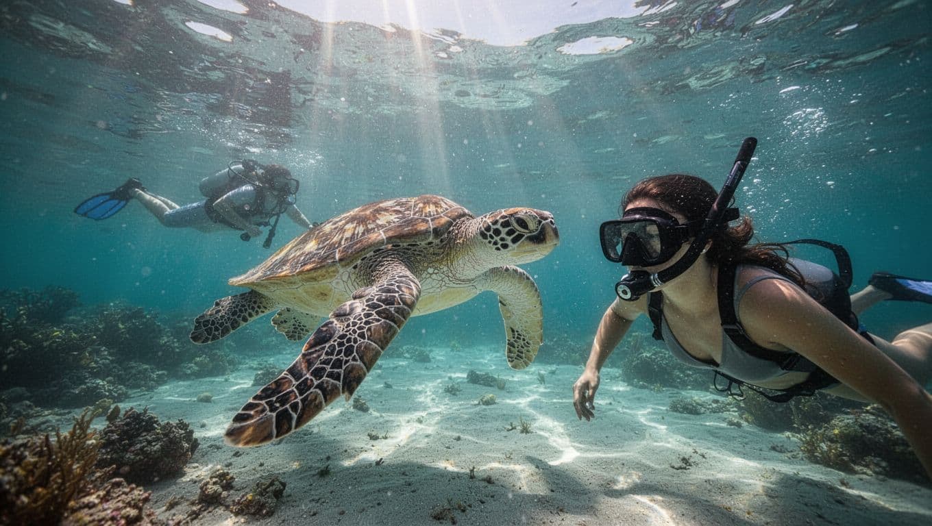 A snorkeler observes a large green sea turtle swimming in clear turquoise Hawaiian waters.