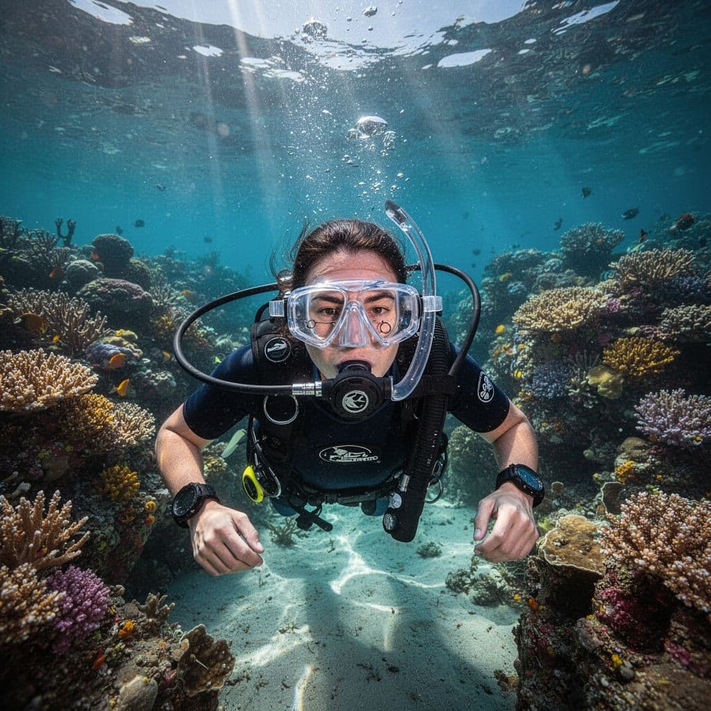 A person swims through clear tropical water wearing a specialized prescription snorkel mask near a coral reef.