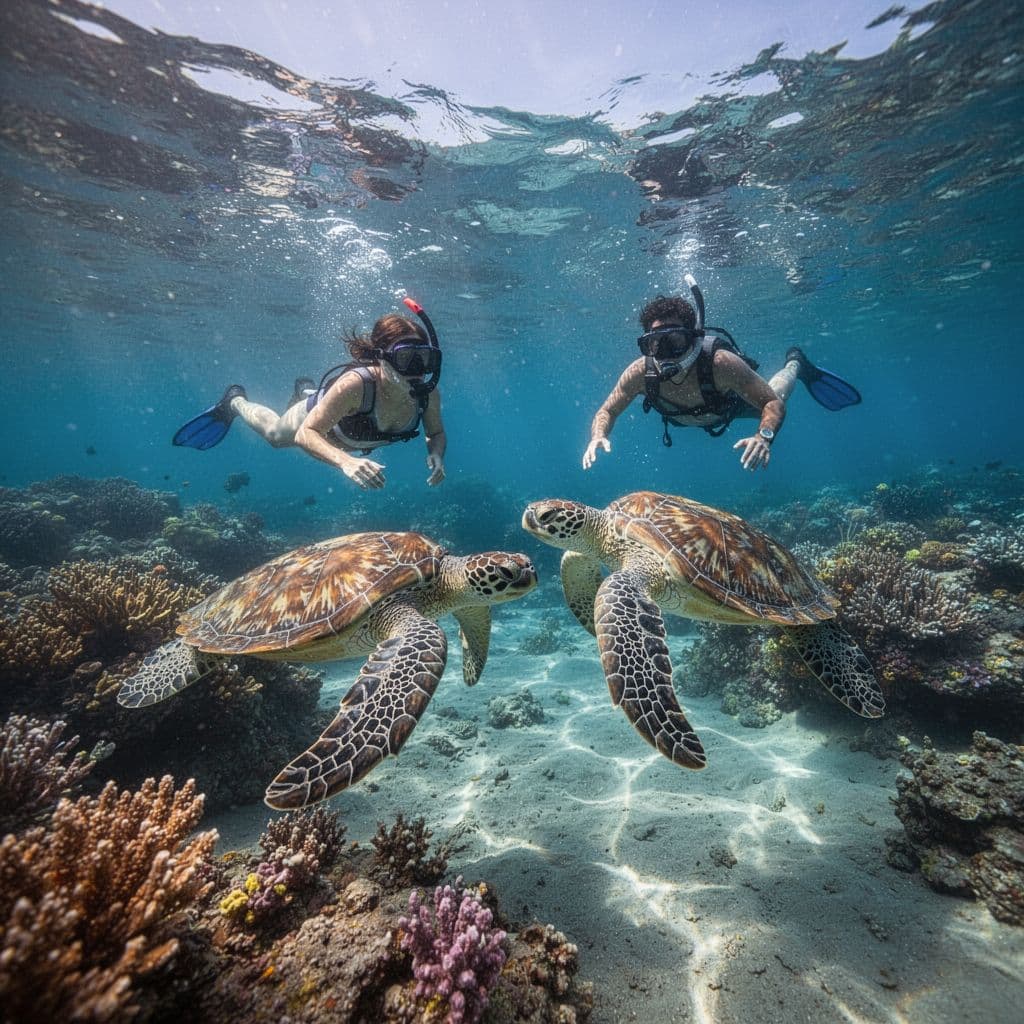A snorkeler drifts through brilliant blue Hawaiian waters, keeping a respectful distance from a large green sea turtle. Below them, a vibrant, multi-colored coral reef thrives under dappled, sunlit water.