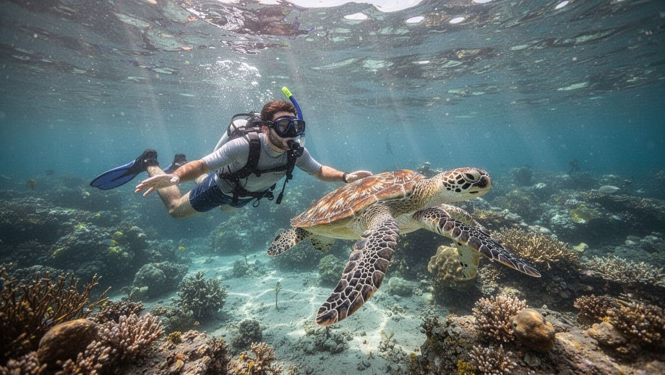 A professional guide swims alongside a large green sea turtle in crystal clear tropical waters. Brilliant sunlight penetrates the surface, illuminating vibrant coral reefs teeming with colorful life below them.