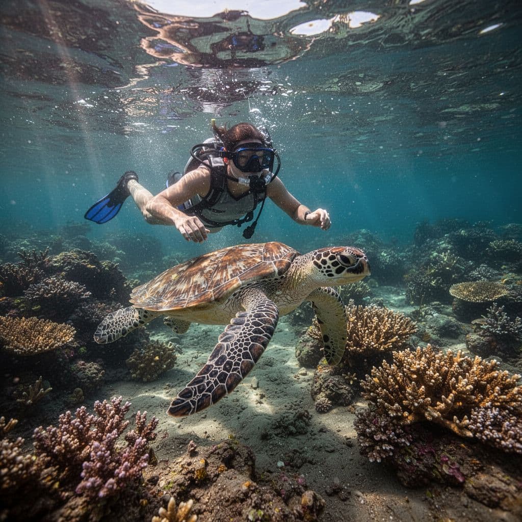 A person wearing a snorkel mask drifts through vibrant turquoise Hawaiian waters to observe a graceful sea turtle swimming near a colorful coral reef structure, illuminated by bright sunlight rays.