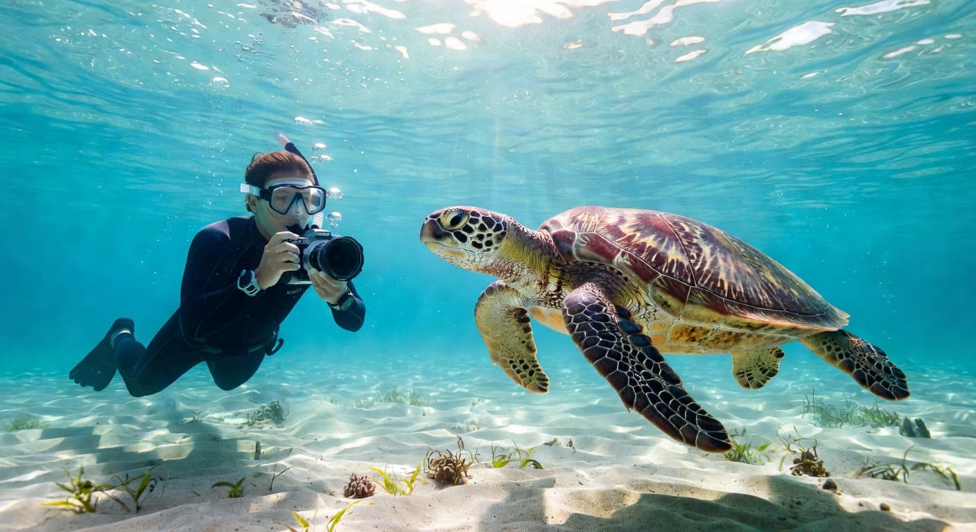 A diver floats in vibrant blue tropical waters while aiming a camera at a large green sea turtle. Sunbeams pierce the surface, highlighting the creature as it glides near colorful coral.