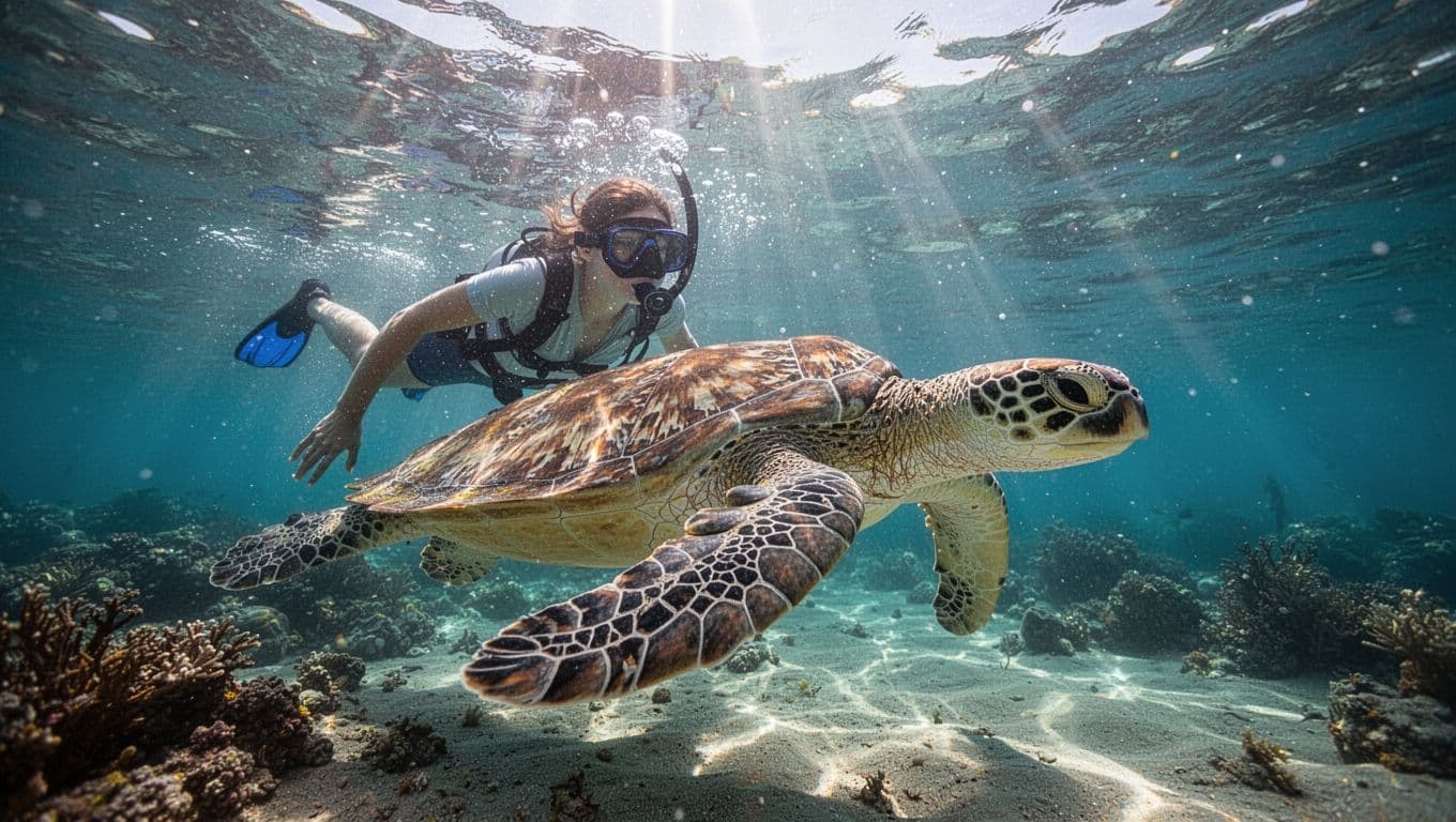 A person snorkels through crystal clear Hawaiian waters as a green sea turtle glides gracefully beneath them. Sunbeams penetrate the surface, illuminating vibrant coral reefs and floating particles in the deep.