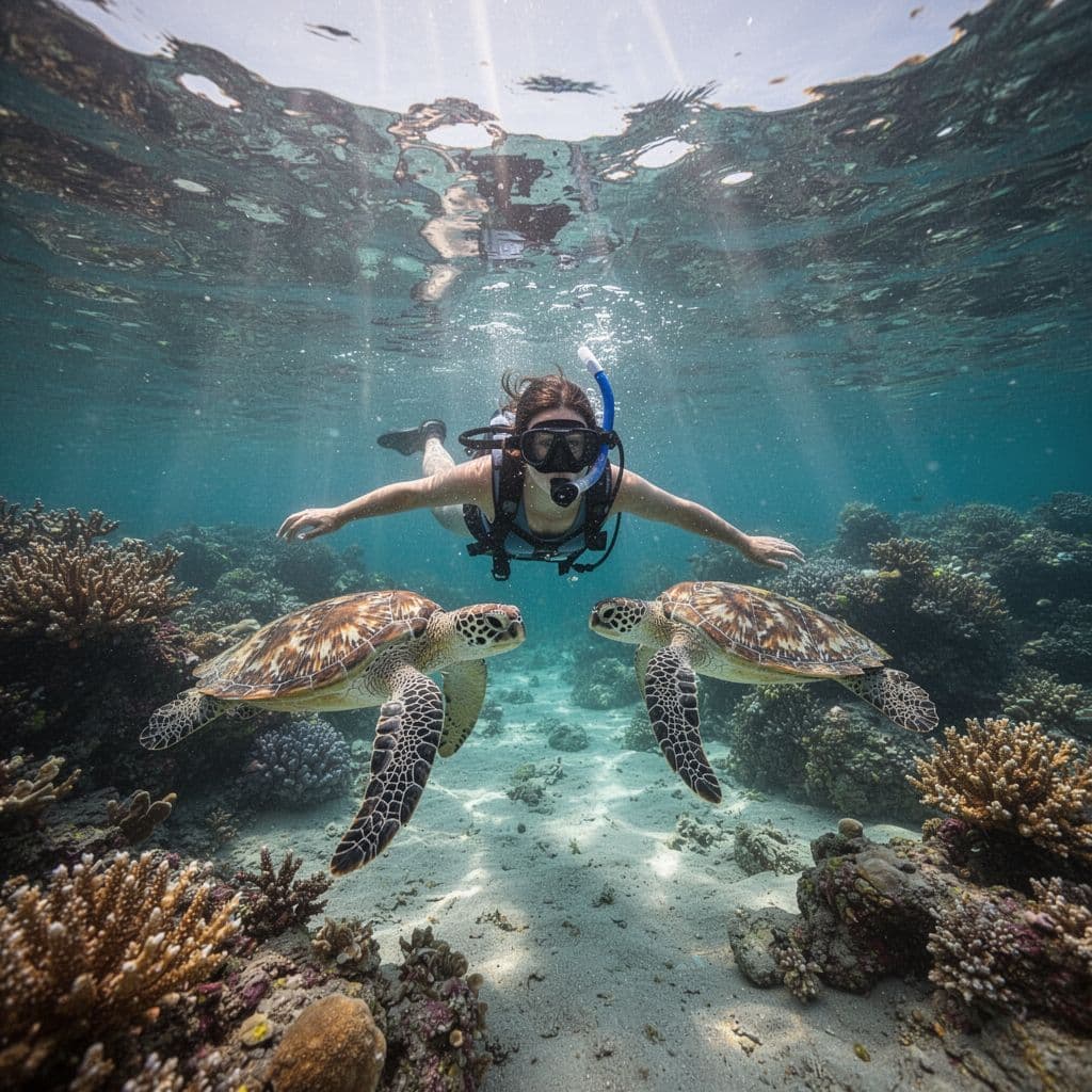 A green sea turtle glides gracefully through vibrant coral reefs while a snorkeler observes from above. Sunbeams penetrate the clear blue Hawaiian water, illuminating the colorful marine life and sandy floor.