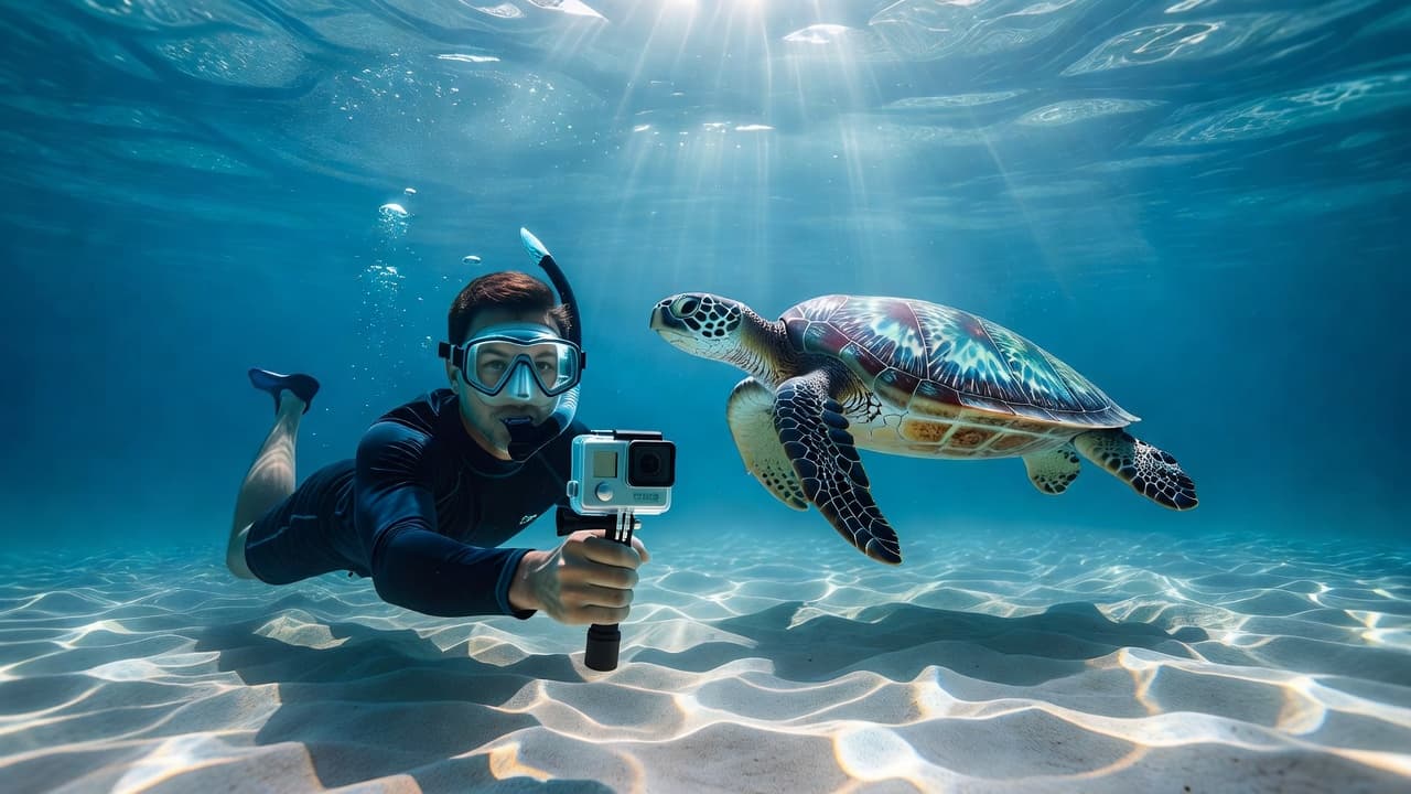 A person wearing snorkeling gear captures footage with a GoPro camera while drifting in vibrant tropical water. In the blurred background, a green sea turtle swims gracefully through the deep blue current.