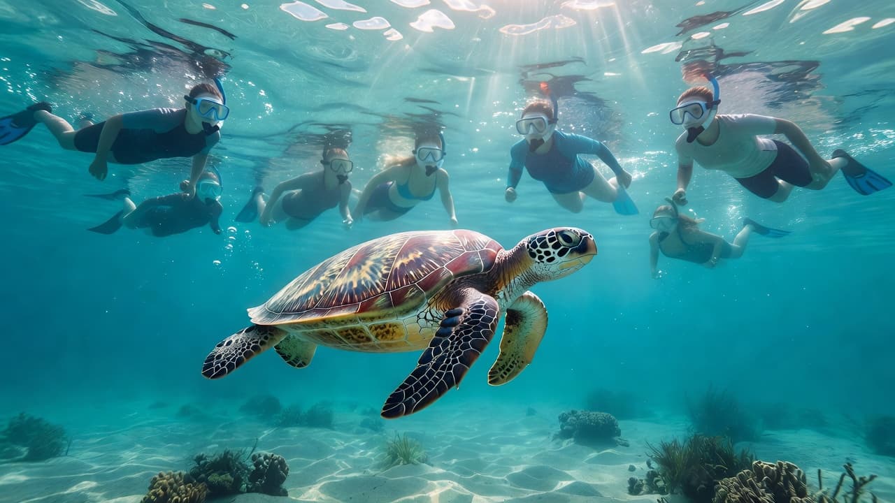 Snorkelers observe a sea turtle swimming in clear blue ocean water.